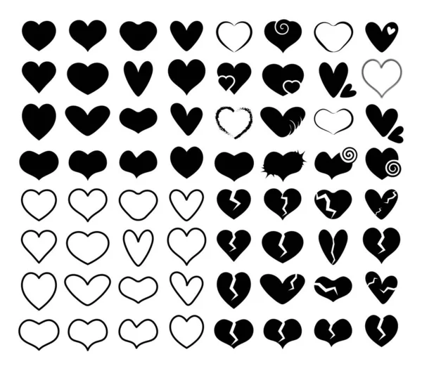 Corazón Iconos Gran Colección Diferentes Formas Negras Símbolo Amor Elementos — Vector de stock