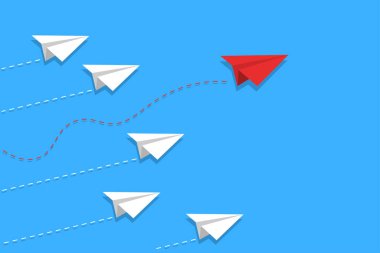 Kağıt uçaklar. Kırmızı ve beyaz kağıt uçaklar. İşletmeler ve seyahat illüstrasyonu.