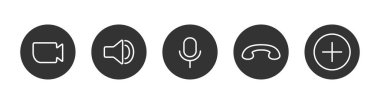 Doğrusal video arayüz simgeleri kümesi. Sosyal medya uygulaması için düğmeler. İnternet konseptiyle iletişim. Ses, kamera, mikrofon, çağrı, simge ekle.