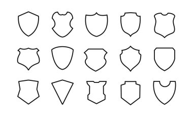 Doğrusal kalkan simgeleri kümesi. Beyaz arka planda izole edilmiş farklı ortaçağ kalkanları. Güvenlik, koruma, güvenlik ve savunma sembolü. Web tasarım işaretleri.
