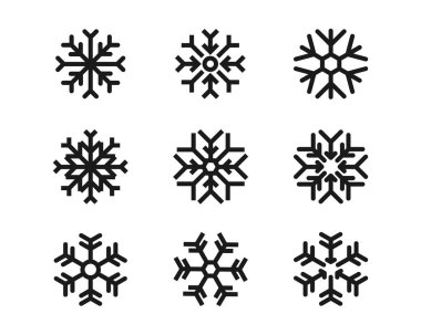 Kar Tanesi simgesi seti. Beyaz arka planda farklı kar taneleri koleksiyonu. Kış mevsimi. Kar yağıyor. Noel süsü. İklim kontrol işareti. Koşullandırma. Vektör simgeleri.