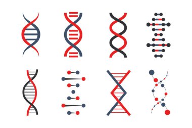 Bir dizi DNA ikonu. Farklı şekil ve insan sarmal genetik kodu. Biyoloji konsepti. Laboratuvar işaretleri.