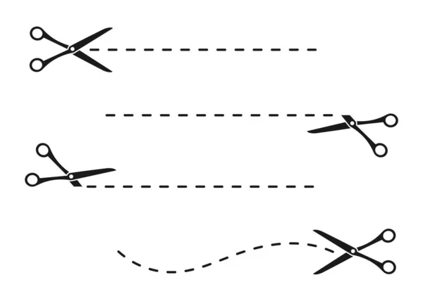 Набор Иконок Ножницами Линия Вырезки Коллекция Черных Ножниц Пунктирной Линией — стоковый вектор