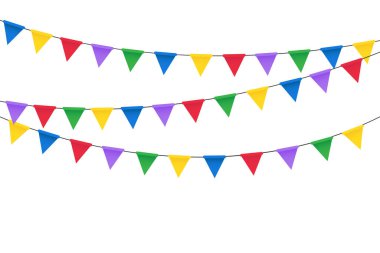 Bunting parti bayrakları. İpe asılı renkli üçgenler. Karnaval, festival ya da doğum günü kutlaması. Vektör dekorasyon ögesi.
