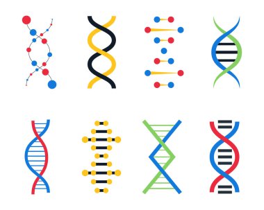 DNA renkli simgeler ayarlandı. İnsan genetik biyolojisi. Bilim işaretleri. Biyoteknoloji simgeleri.