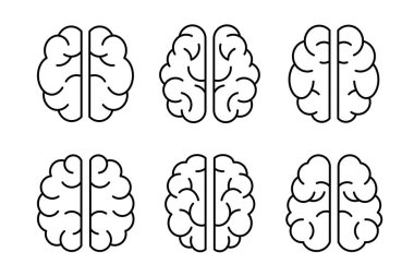 Beyin simgeleri koleksiyonu. Zihin, zeka, zeka ve hayal gücünün doğrusal sembolleri.