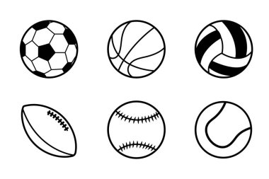 Spor topu koleksiyonu. Futbol, basketbol, voleybol, Amerikan futbolu, beyzbol ve tenis ikonları.