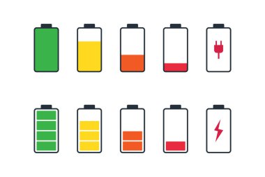 Batarya simgesi ayarlandı. Farklı seviyede akümülatör şarjı. Mobil uygulama arayüzü için simge.
