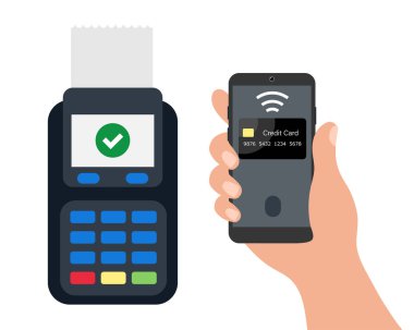 NFC ödemesi terminalde telefonla yapılıyor. Akıllı telefondan kredi kartı. Para aktarımı.
