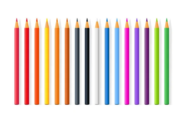 影と現実的な色鉛筆のセット 白に隔離されてる カラフルな木製の鉛筆セット — ストックベクタ