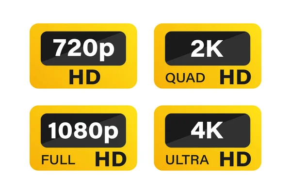 Etykiety Wideo Rozdzielczość Wideo 720 1080 Odznaki Jakość Wyświetlacza Monitora — Wektor stockowy