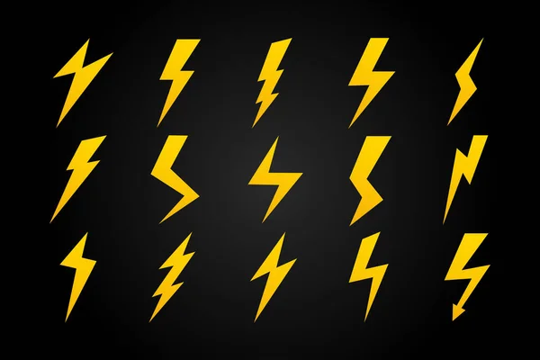 Blitzgelbe Symbole Auf Dunklem Hintergrund Blitzschlag Sammlung Von Blitzen — Stockvektor