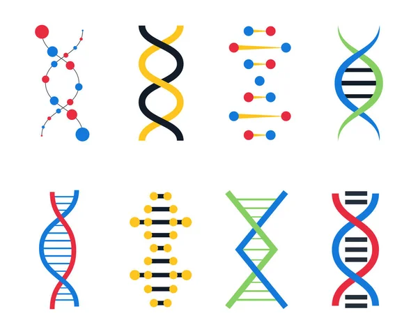 Set Icone Colorate Con Dna Biologia Genetica Umana Segni Scientifici — Vettoriale Stock