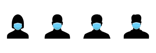 Menschliches Gesicht Schwarze Silhouetten Medizinische Maske Coronavirus Quarantäne Konzept Vektorsammlung — Stockvektor