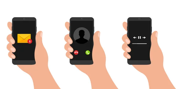 Smartphone Mano Tre Varianti Schermata Telefonica Con Notifica Mail Chiamata — Vettoriale Stock