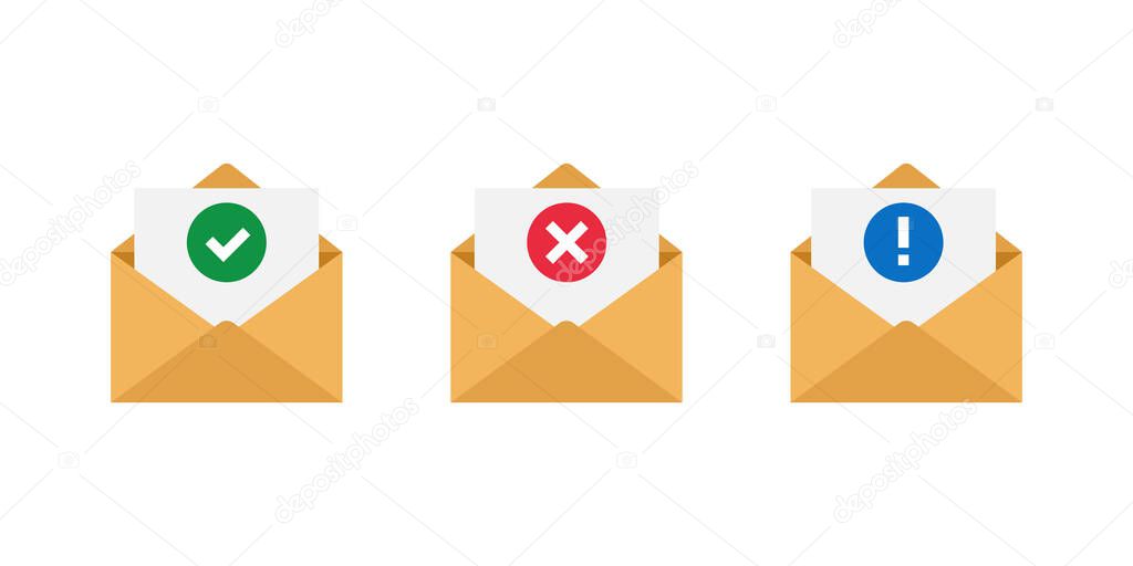 Open envelope witn a notification letter. Approved, rejected and warning message. Web icons