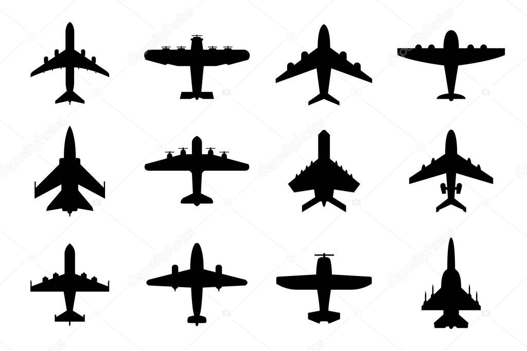 Collection of airplane silhouettes. Commercial and military planes. Isolated on white. Aircraft set for your design