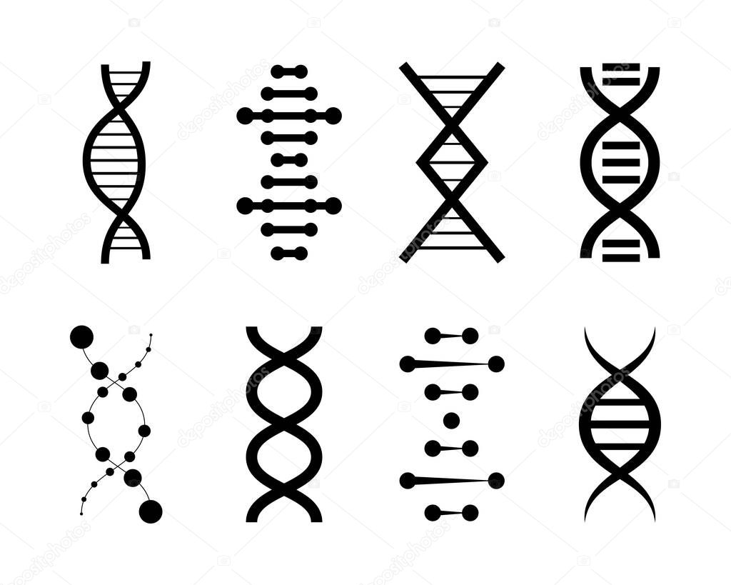 DNA black icons collection. Human genetic biology. Science icons set.