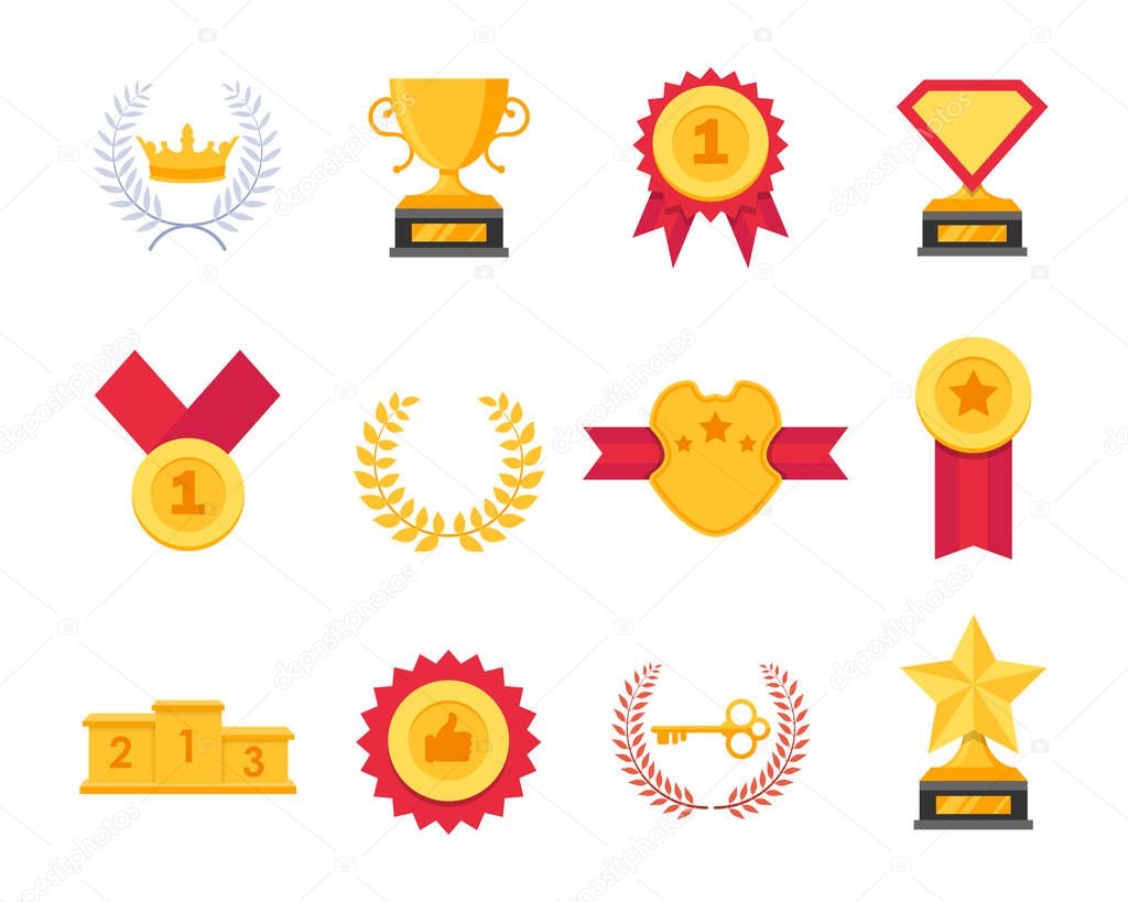 Trophy and awards flat icon collection. Different champion prizes - golden medal, cup, star, crown, shield, laurel wreath. Award pedestal.