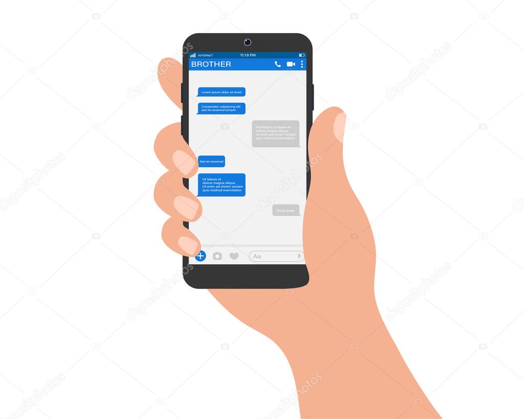 Hand holding smartphone with a messages on the screen. Online chat in mobile app. Internet communication. Vector illustration