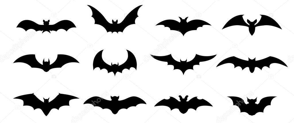 Collection of bat silhouettes for decoration or logo. Different shapes. Vector illustration
