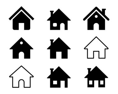 Ev Simgeleri. Siyah ve doğrusal işaretler koleksiyonu. Ana sayfa ikonu. Emlak logosu