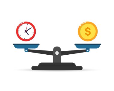 Zaman ve para dengesi. Pul üzerinde saat ve dolar parası. Zaman yönetimi konsepti. Vektör beyazda izole edildi