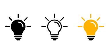 Üç versiyonda ampul simgesi. Lamba işareti. Fikir ya da çözümün sembolü. Grafik tasarımı için vektör ayarlandı