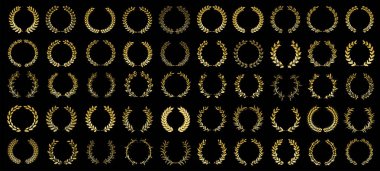 50 Çelenk koyu arka planda izole edilmiş. Altın defne çelengi koleksiyonu. Tasarım için elementler