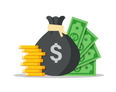 Para çantası düz çizim. Dolar ve altın para yığını. Zenginlik ve bankacılık ikonu. Beyazda izole edilmiş