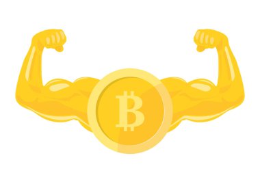 Büyük kaslı bitcoin. Bitcoin değer artışının sembolü. Kripto para birimi kavramı.