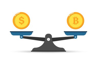 Bitcoin ve dolar terazide. Kripto para birimi büyüme konsepti. Vektör illüstrasyonu