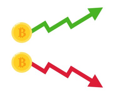 Bitcoin yükselen ve düşen oklar. Dijital para birimi değer artışı ve düşüşü. Grafik ya da grafik için elementler