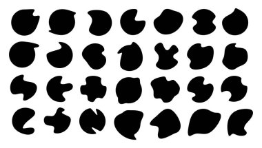 Tasarım için rastgele siyah şekiller. Sıvı damlaları ve lekeler. Çakıl taşı silueti. Mürekkep lekesi. Vektör koleksiyonu