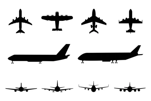 Coleção Silhuetas Pretas Avião Comercial Sílhuetas Avião Passageiros Conjunto Vetores — Vetor de Stock