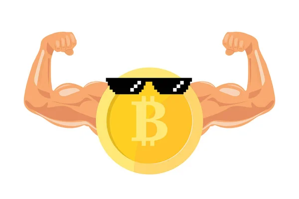 Bitcoin Mięśniami Okularami Dowcipna Ilustracja Koncepcja Potęgi Bitcoin Wzrostu Wartości — Wektor stockowy