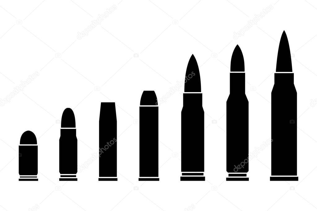 Collection of different caliber bullets and cartridges. Bullet black silhouettes. Vector set