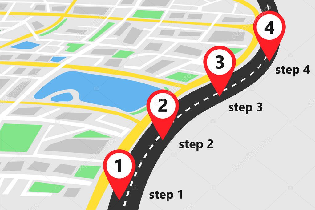 Infographics template. Road with map pointers. Four steps. Business plan. Vector illustration.