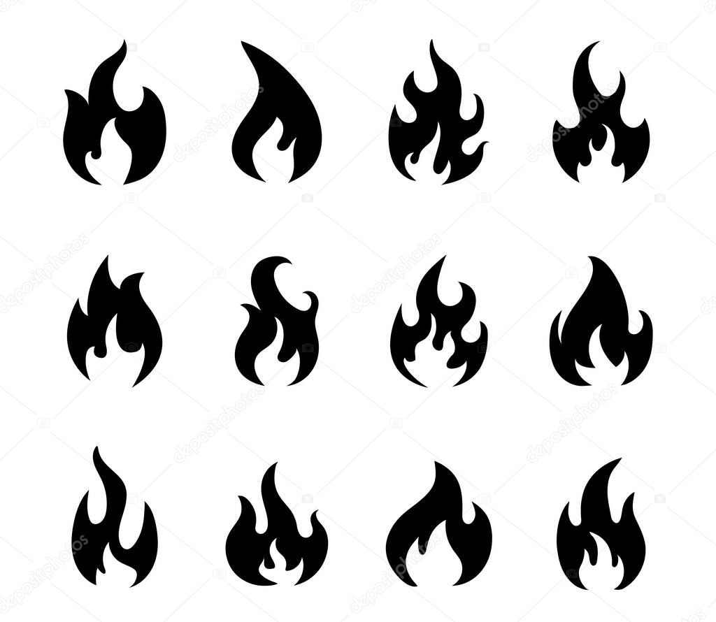 Fire Flame icons. Burning Flame black silhouettes. Elements for logos or design. Vector isolated on white