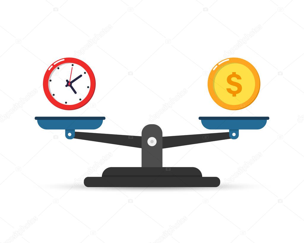 Time and money balance. Clock and dollar coin on a scales. Time management concept. Vector isolated on white