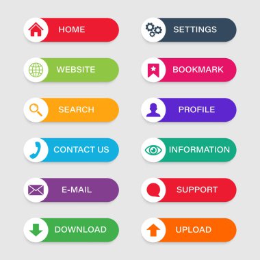 Simgeli renkli düğmeler. Web sitesi için düğme takımı. Modern tasarım ögeleri