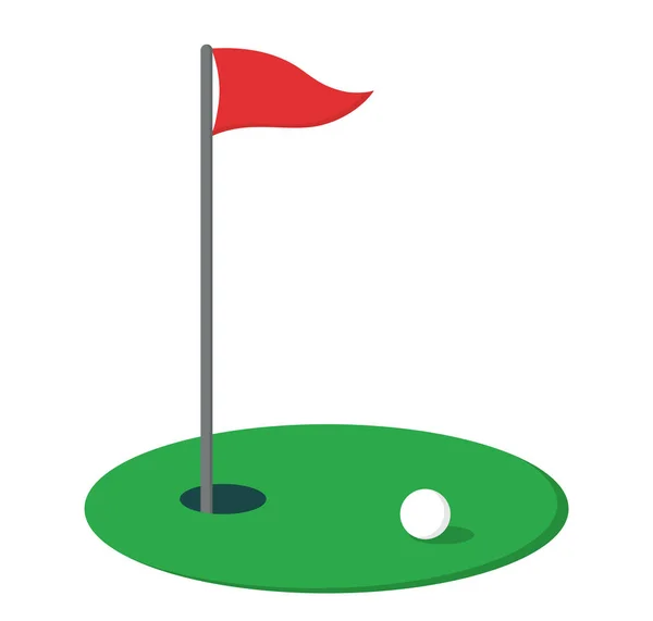 Golf sahası vektör çizimi. Kırmızı bayrak, delik ve beyaz top.