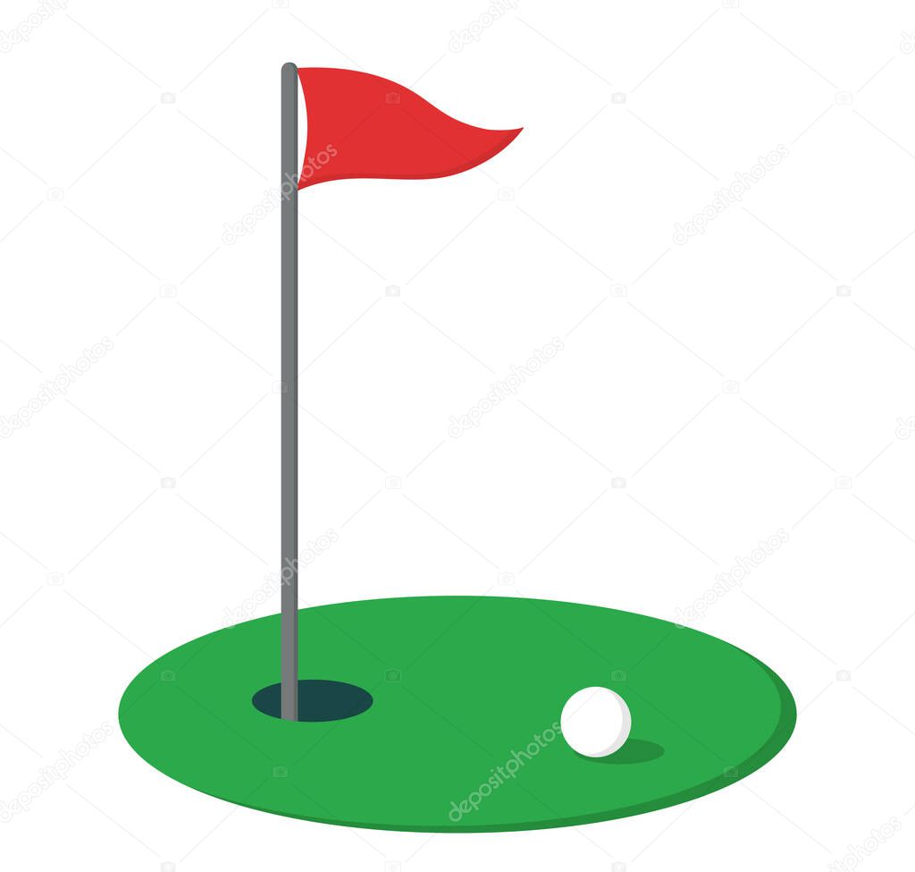 Golf course vector illustration. Red flag, hole and a white ball.