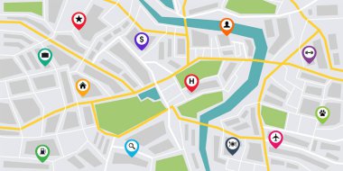 Şehir haritasında farklı noktalar var. Simgeli harita iğneleri. Vektör illüstrasyonu.