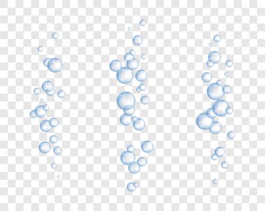 Mavi kabarcıklar akış koleksiyonu. Şeffaf arkaplanda maden suyu ya da köpüklü şampanya..