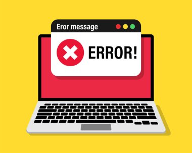 Dizüstü bilgisayarda hata uyarısı. Uyarı mesajı. Bilgisayarda sorun mesajı. Vektör illüstrasyonu