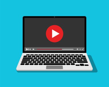 Video oynatıcılı dizüstü bilgisayar. Çevrimiçi video içeriği kavramı. Vektör illüstrasyonu.