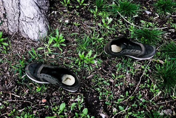 Unutulmuş Eski Ayakkabılar Farklı Yönlere Gider — Stok fotoğraf