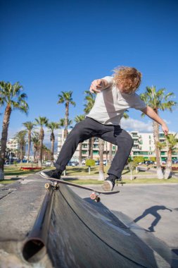 Kaykaycı kaykayıyla birlikte tropikal bir yerde rampadan aşağı yuvarlanıyor.