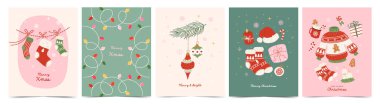 Christmas vintage greeting cards with sweater, socks, Christmas tree toys, garland of light bulbs. Cute Vector holiday elements. Xmas retro poster, cover, background.